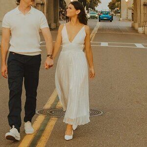 Shiny White Pleated Midi Dress